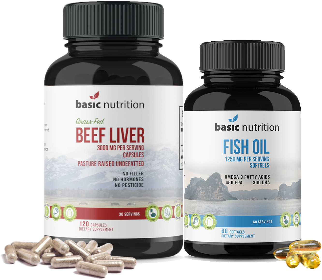 Basic Nutrition - Ancestral Vitamins |Beef Liver & Fish Oil Capsules, 3000mg & 1250mg, EPA/DHA, No Hormones, Non-GMO, Gluten-Free